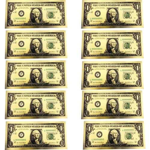 10pcs/lot USA 1 Dollar Gold Foiled Platsic Banknote Bill Fake Money United States America Replica Coin Souvenirs Free Shipping