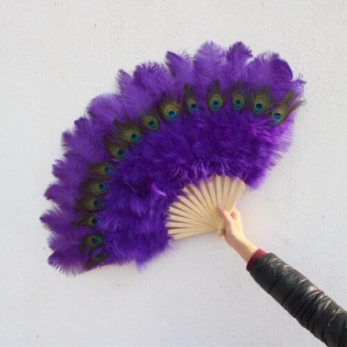 15 bone Purple High Quality Ostrich Feather Fan Dance Stage Show Props Wedding Party Fluffy Peacock Feather Hand Fan Decoration