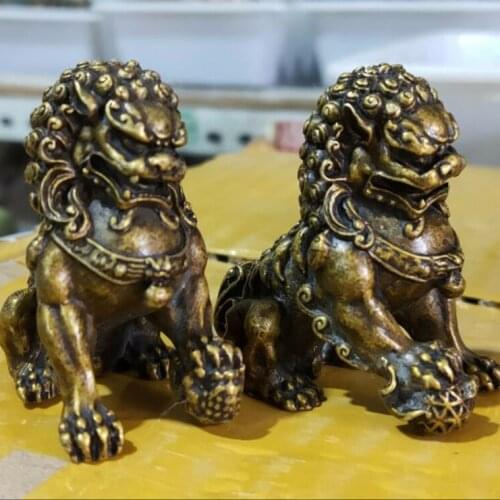 Antique Bronze Fu Foo Dog lion Statue China old Archaic guard lions pair 5.3cm