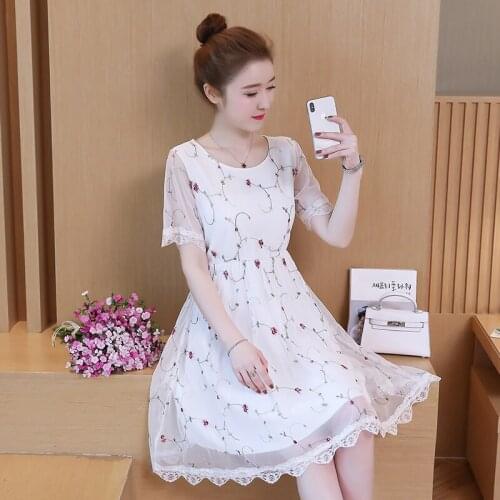 Womens Plus Size Summer Dress O-Neck Mesh Lace Dresses