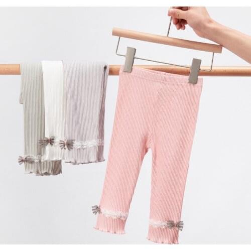 Girls Lace Bowknot Wooden Ear Leggings Summer Seven-point Girls Pants Childrens Cotton Summer Stretch Tight Dancing Pants