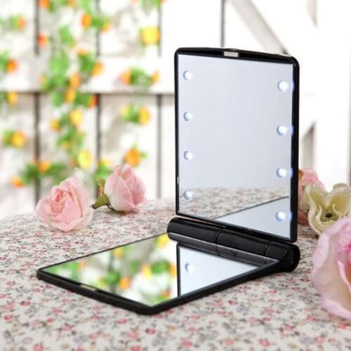 Lady Cosmetic Vanity Mirror Compact Folding Portable Pocket LED Make Up Mirror Gift 8 Built-in LED Lighting Bulbs