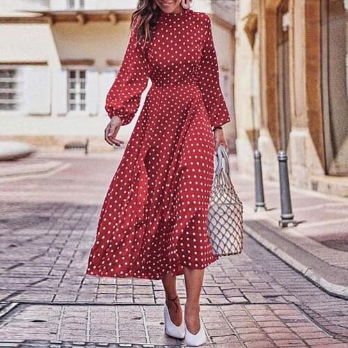 80% Hot Sell Fashion Women Long Puff Sleeve Irregular Large Hem Polka Dots Party Midi Dress