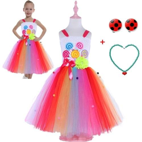 Sweet Rainbow Candy Party Dress Colorful Balls Lollipop Cosplay Princess Dress Halloween Costume Happy Purim Baby Girls Dresses