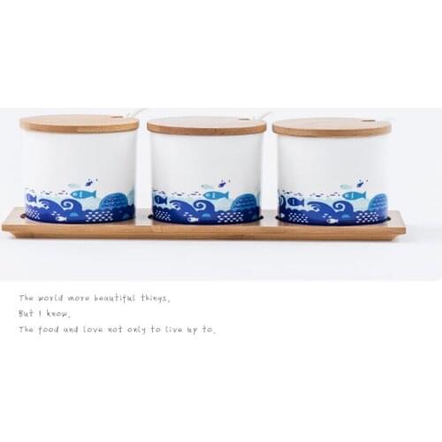 3pcs set, fine bone china spice container set, with lid and spoon, kitchen spices storage box, porcelain spice organizer, rack
