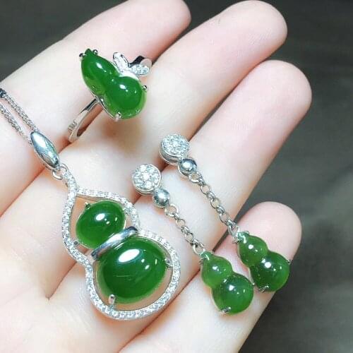 S925 silver inlaid hetian jade jasper gourd set