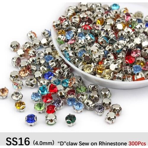 New sale Sew on Rhinestone Mix color SS16 K silver claw Rhinestones 300Pcs for Garment ornament free shipping