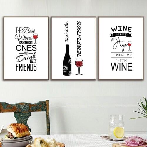 New Year Drink Wine Wall Art Canvas Painting Black White Letters Quote Art Poster and Print Picture for Living Room Home Decor