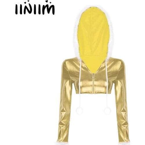 Womens Fashion Streetwear Shiny Metallic Long Sleeves Zipper Hooded Crop Top Christmas Santa Costume Cosplay Fancy Hoodies