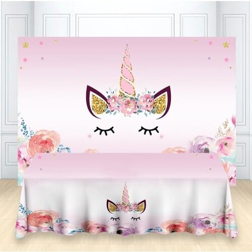 Party Backdrop And Tablecloth Girl Unicorn Themed Birthday Party Phtography Background Photocall Photo Studio Banners Supplies