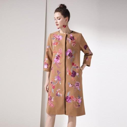 Outwear Winter Fashion Autumn Womens Coats Long Sleeve Pockets Flower Embroidery Elegant Casual Office Lady Overcoat