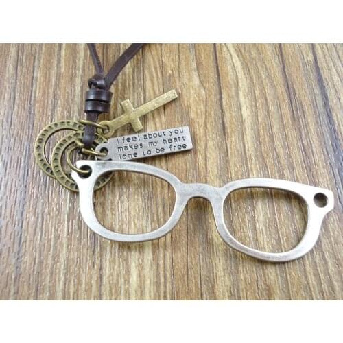 2015 new arrival genuine leather vintage fashion corss glasses pendant necklace for women men jewelry