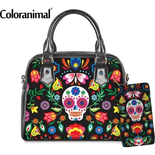 Coloranimal Gothic Sugar Skull With Flower Printing Women Handbag 2Pcs/Set PU Leather Top-Handle Bag&Wallet Tote Messenger Bolsa