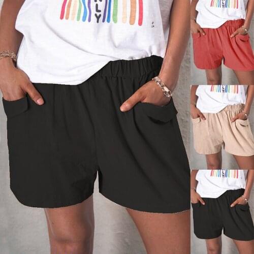 Women summer shorts Casual Solid Linen shorts elastic waist two pockets for girls Soft female shorts