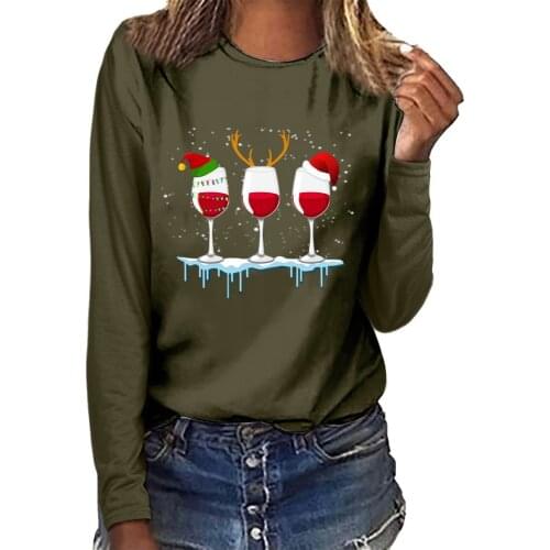 Women Christmas Casual Long Sleeve O-neck Wine Sweatshirt Pullover Blouse Solid Color Christmas Elk Hat Combination Print Shirt
