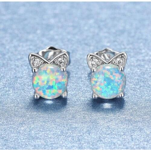 Blaike Cute Cat Opal Crystal Stud Earrings For Women White/Blue Opal Earring 925 Silver Jewelry Wedding Party Jewelry Gifts