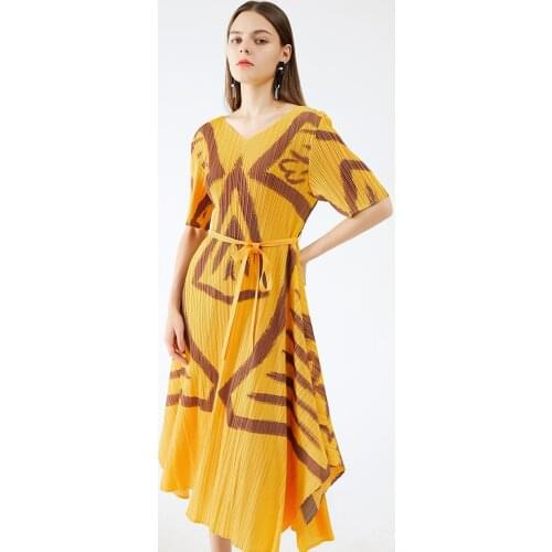 Miyake pleated painted women dresses summer 2020 yellow symmetrical pattern sundresses women Sashes omighty dress luxury clothes