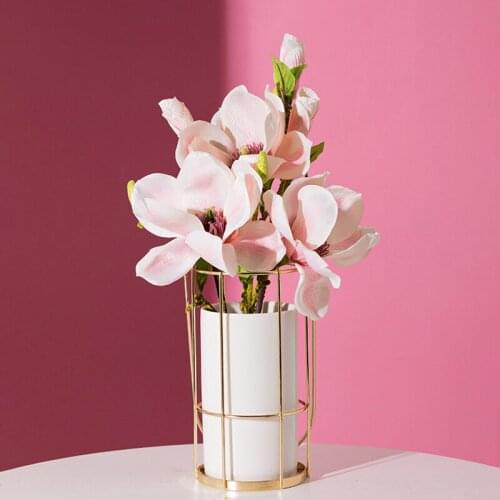 1pc Portable Ceramic Vase with Iron Gold Shelf White Porcelain Flower Vase Home Decor Water Planting Container without Hole