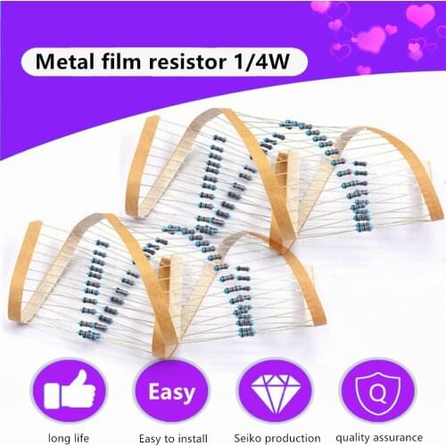 100Pcs 1/4W 1R~1M Ohm Resistance 1% Metal Film Resistor 100R 220 1K 2.2K 4.7K 10K 100K 220R Full Range High Precision Resistors