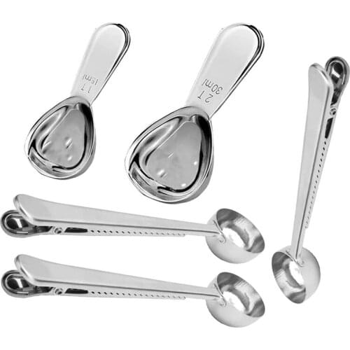2 Pcs Stainless Steel 15Ml&30Ml Short Handle Tablespoon Measuring Spoons&3 Pcs Long Handle Coffee Scoop Clip