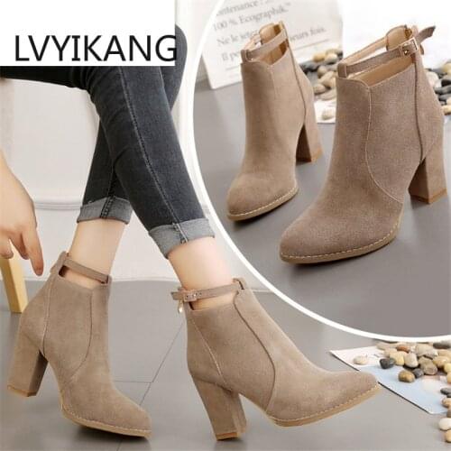 2020 New Womans Ankle Boots Spring Women High Hoof Heels Nubuck Zip Shoes Female Pointed Toe Metal Decoration Botas