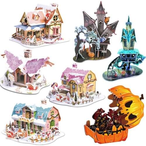 3D DIY Puzzle Christmas Halloween Gift Pumpkin Light House Castle Construction Paper Model Children Assembling Toys