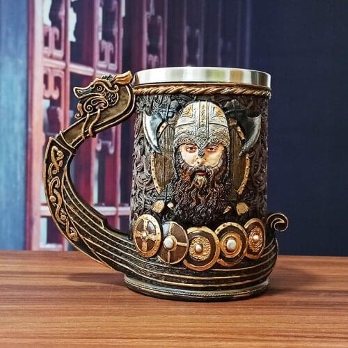 3D Viking Pirate Skull Mug Middle Ages Gourde Stainless Steel Resin Tankard Beer Mugs 600ml Coffee Cups and Mugs Drinking Glass