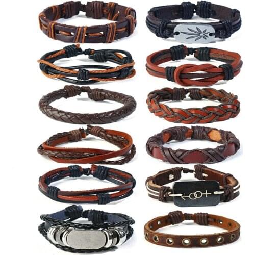 AIDEVER 12pcs/set Classic Fashion Men Handmade Braid Multilayer Leather Bracelet Mixed Style Braided Bracelets Cowhide Bangle