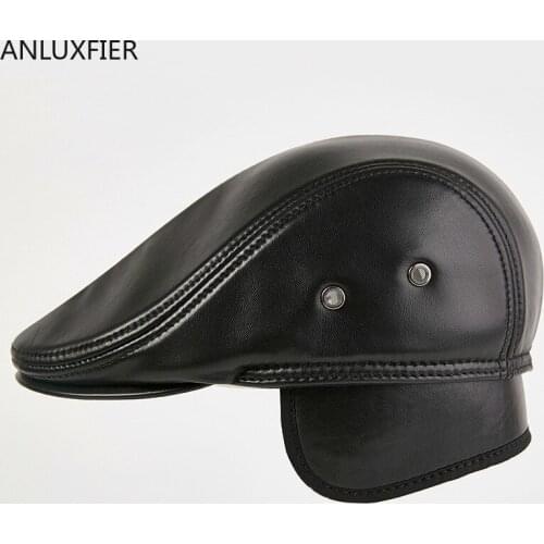 H7632 Genuine Leather Beret Cap Male Sheepskin Forward Berets Hat Middle-aged Men Warm Autumn Winter Fashion Solid Color Caps