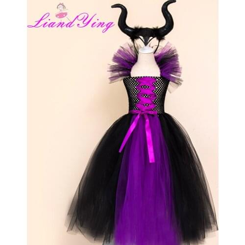 Maleficent Black Gown Tutu Dress with Deluxe Horns Girls Handmade Tulle Fancy Dress Kids Halloween Cosplay Witch Costume