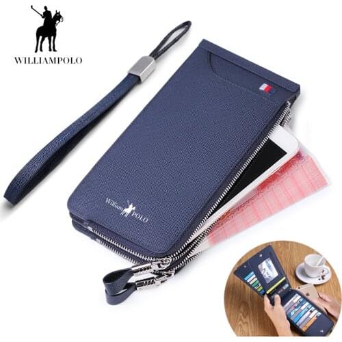 WilliamPOLO Mens Wallet Zipper Hasp Long Genuine Leather Business Phone credit card holder purse male clutch 29 card holder