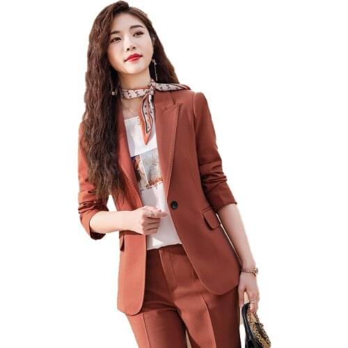 Lenshin High Quality 2 Piece Set Solid Formal Pant Suit Blazer Office Lady Designs Women Soft Brown Jacket and Pant