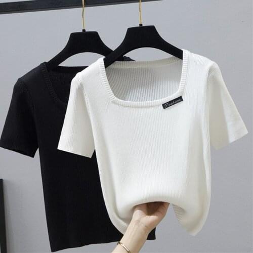 Fashion Appliques Knitted Short T Shirt Women Black 2021 Square Collar Summer Tops White Tshirt Tee Shirt Femme Camisetas Mujer