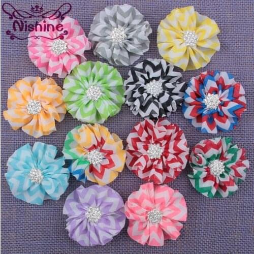 Nishine 30pcs/lot 2.4" Chiffon Stripe Flower With Star Rhinestone Button Center For Kids Girl Headwear DIY Hair Accessory