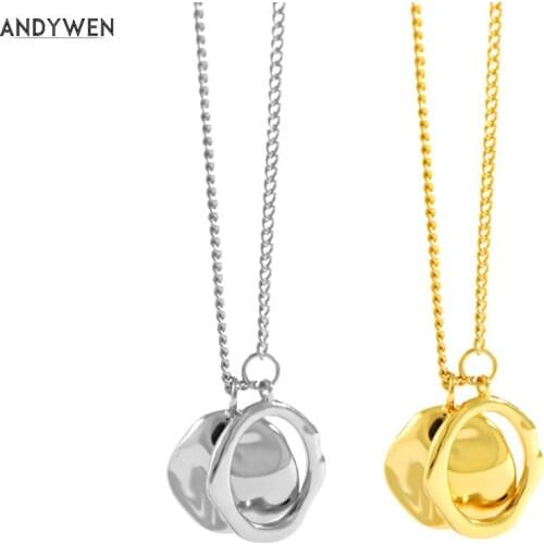 ANDYWEN 925 Sterling Silver Two Coins Circle Pendant Necklace Long Chain Fashion Crystal Luxury Fashion Jewelry 2020 Rock Punk