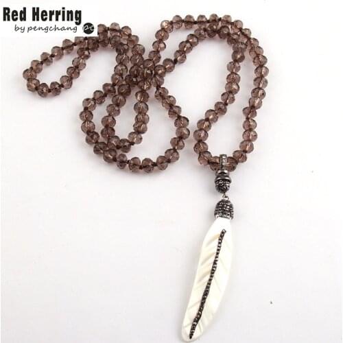 Free Shipping Fashion Long Crystal Glass Knotted Handmake Paved Shell Leaves Pendant Necklaces For Women