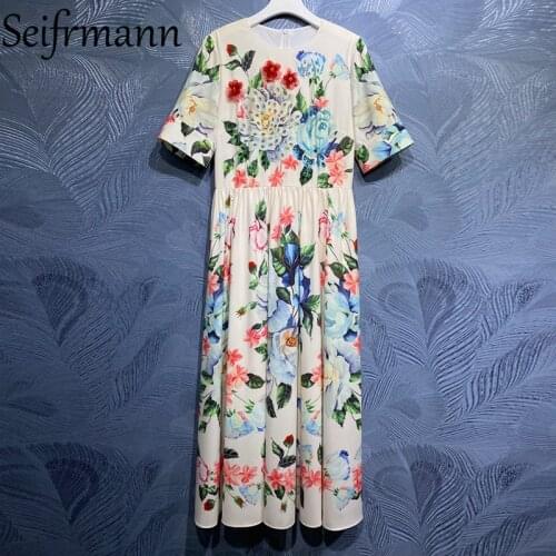 Seifrmann New 2021 Summer Women Fashion Designer Party Long Dress Short Sleeve Gorgeous Crystal Elegant Printed Ladies Dresses