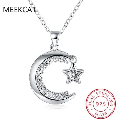 MEEKCAT 925 Sterling Silver Crescent Moon Necklaces For Women Zirconia Star Pendants Choker Accesories Fine Jewelry