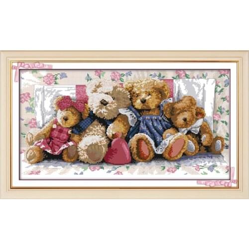 Teddy Bear Family Cartoon Toy Painting Counted Printed On Canvas DMC 11CT 14CT Chinese Cross Stitch kit Embroider Needlework Set