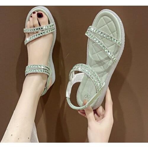 Beige Heeled Sandals Clear Shoes Slip-on Loafers Summer Womens Soft Black Elastic Band Girls 2021 Comfort Flat New Rhinestone F