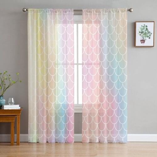 Mermaid Scales Rainbow Colors Tulle Curtains For Living Room Bedroom Transparent Tulle Curtains Window Drapes Sheer Curtain