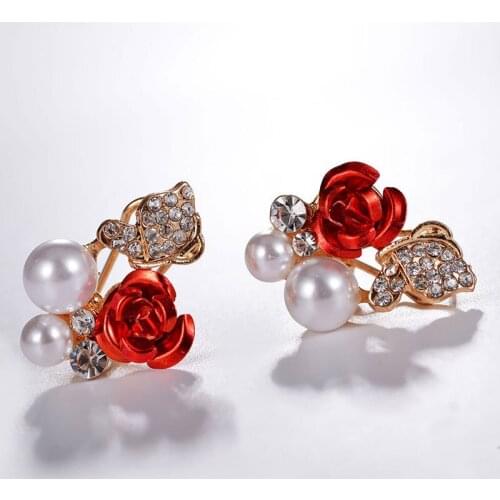 White Simulated Pearl Red Vivid Rose Flower Clear Shiny Crystal Golden Stud Earrings For Women