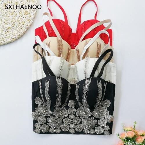 New Luxury Camisole Women Beading Embroidery Sexy Backless Cropped Top Gathered Push Up Bustier Bra Streetwear Tank Tops
