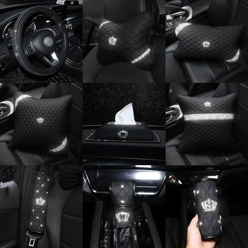 Diamond Crown Leather Car Seat Interior Accessories Steering Wheel Covers Headrest Neck Crystal Handbrake Gear Shift Cover Women
