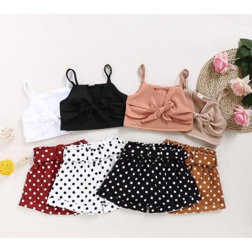 1-6Y Toddler Kids Baby Girl Clothes Sets Sleeveless Solid Bow Vest Top Polka Dot Print Shorts Summer Outfit Clothes Sets 4 Color