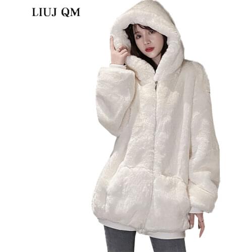 Winter Fluffy Warm Soft White Oversized Faux Fur Jacket Women Long Sleeve Black Zip Up Faux Fur Coat Sweatshirt Korean Hoodie