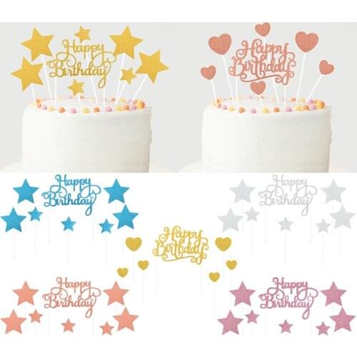 1 Set Glitter Star Heart Cake Topper Happy Birthday Cupcake Topper For Kids Birthday Party Baby Shower Cake Decorating Supplies