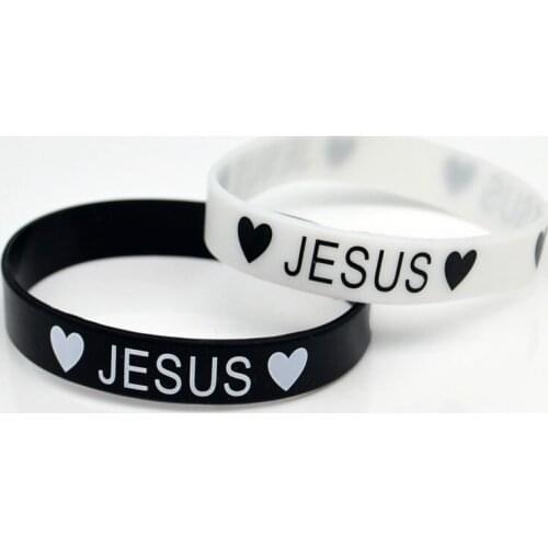 2x black white Heart JESUS silicone Bracelet wristband Fashion Catholic Christian Religious Jewelry