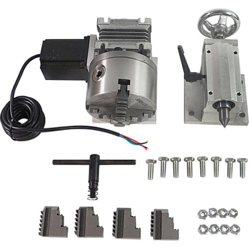 4 Jaw Chuck CNC Rotary A 4th Axis Tailstock with 80mm 100mm 130mm 4-jaw Chuck for CNC Router milling machine CNC3040 6040 6090