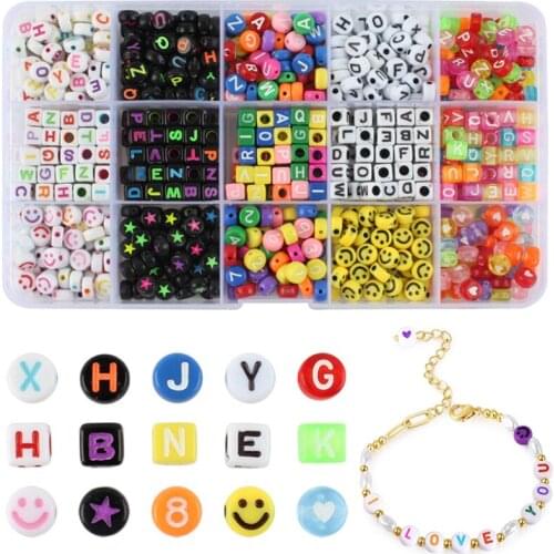 750pcs/Box Mixed Color Acrylic Letters Beads Mixed Smiley Heart Alphabet Beads Set For DIY Bracelets Jewelry Making Kit Supplies